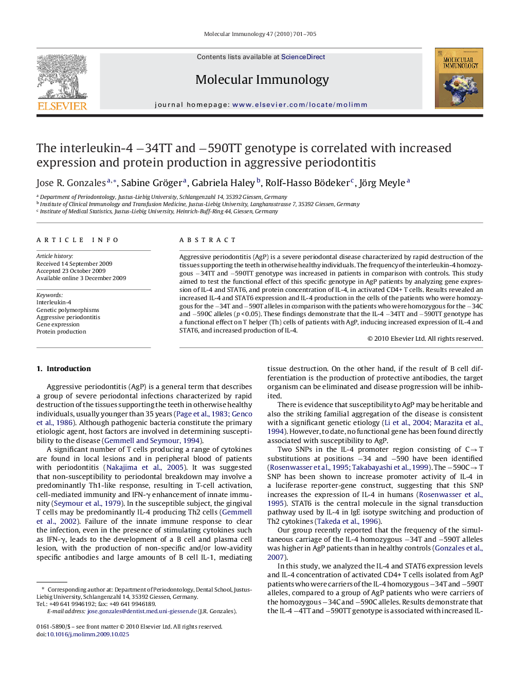 The interleukin-4 −34TT and −590TT genotype is correlated with increased expression and protein production in aggressive periodontitis