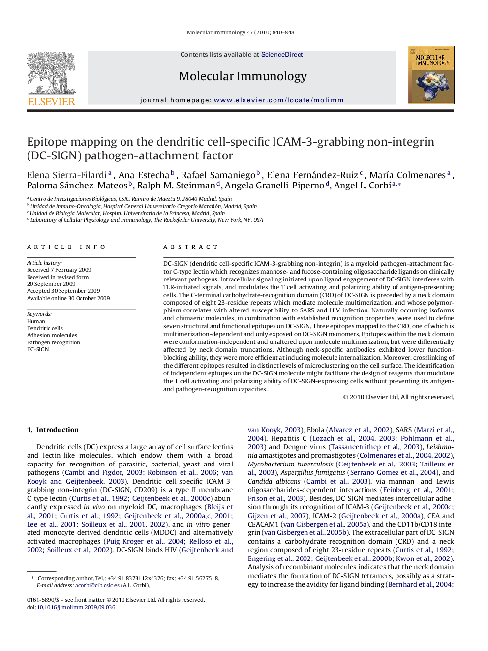 Epitope mapping on the dendritic cell-specific ICAM-3-grabbing non-integrin (DC-SIGN) pathogen-attachment factor