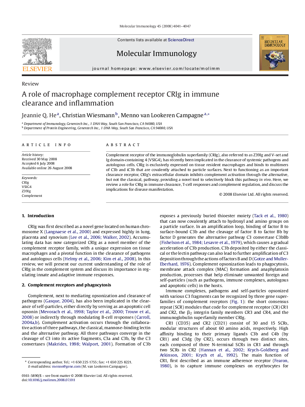 A role of macrophage complement receptor CRIg in immune clearance and inflammation