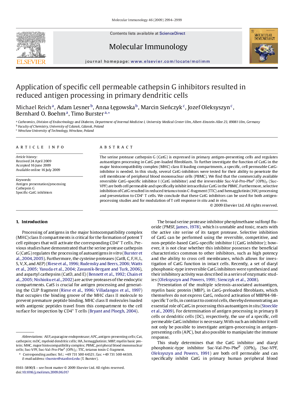 Application of specific cell permeable cathepsin G inhibitors resulted in reduced antigen processing in primary dendritic cells