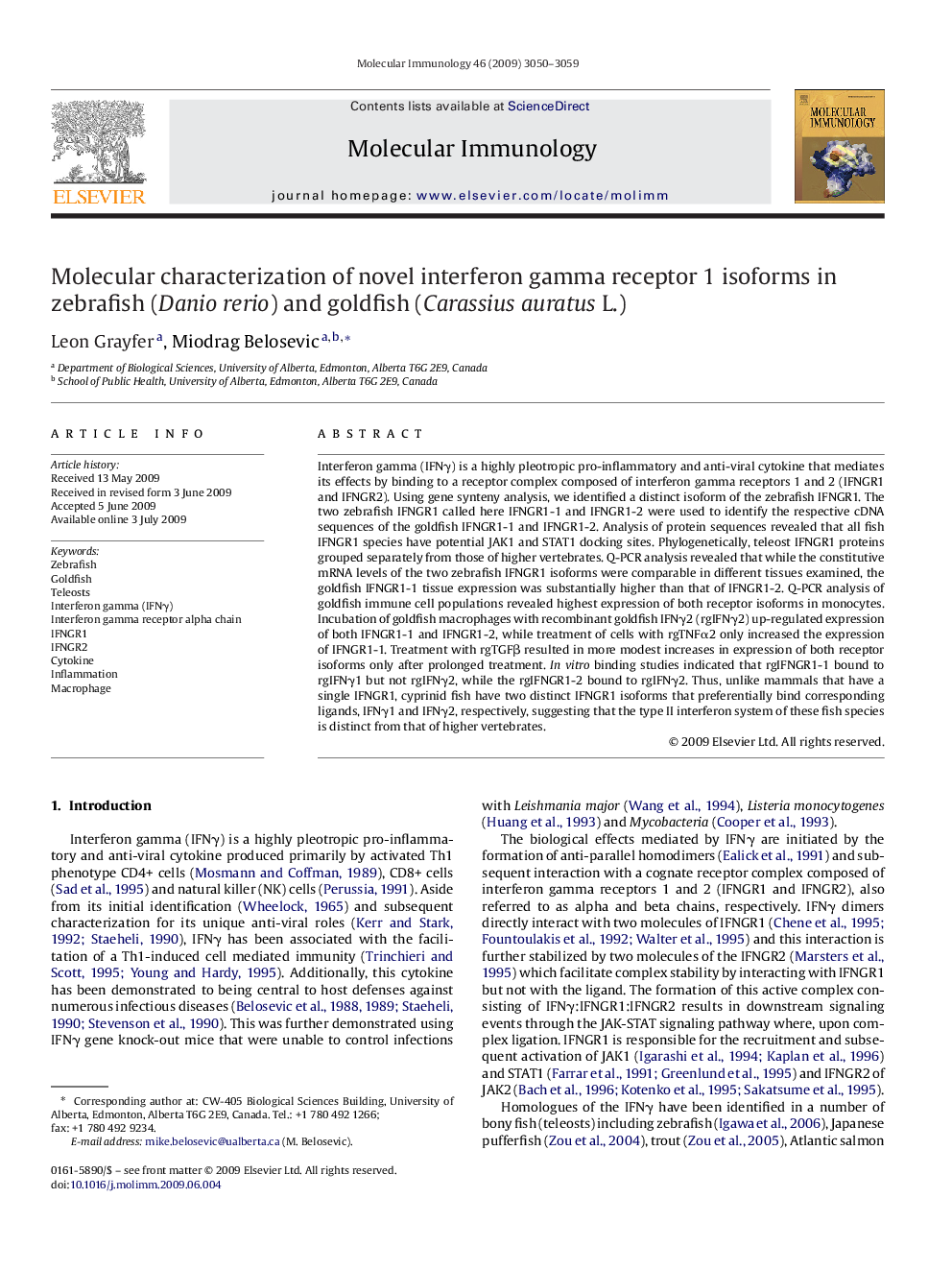 Molecular characterization of novel interferon gamma receptor 1 isoforms in zebrafish (Danio rerio) and goldfish (Carassius auratus L.)