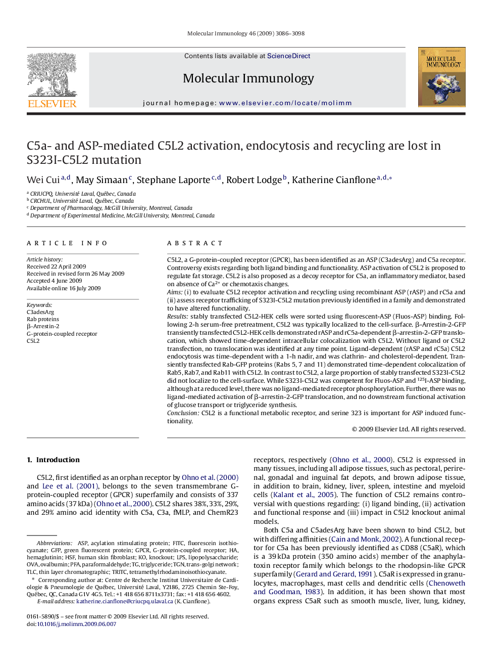 C5a- and ASP-mediated C5L2 activation, endocytosis and recycling are lost in S323I-C5L2 mutation