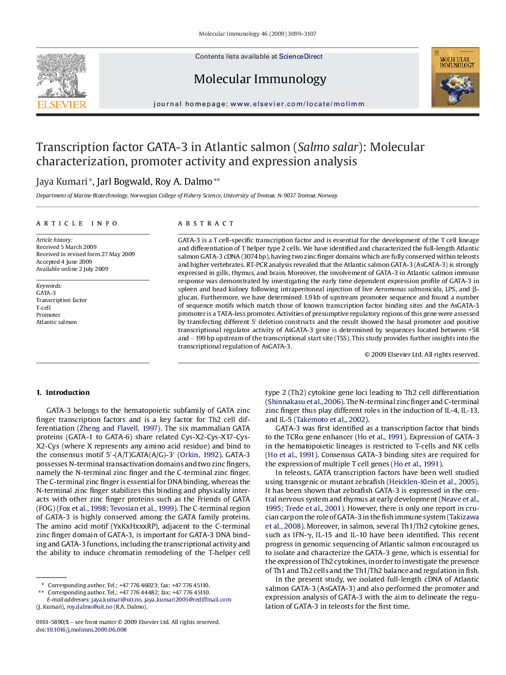 Transcription factor GATA-3 in Atlantic salmon (Salmo salar): Molecular characterization, promoter activity and expression analysis