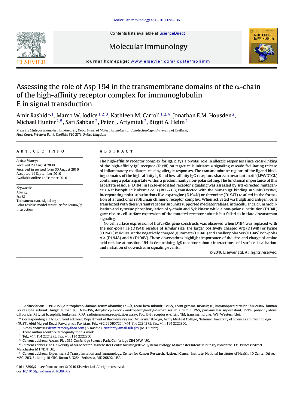 Assessing the role of Asp 194 in the transmembrane domains of the α-chain of the high-affinity receptor complex for immunoglobulin E in signal transduction