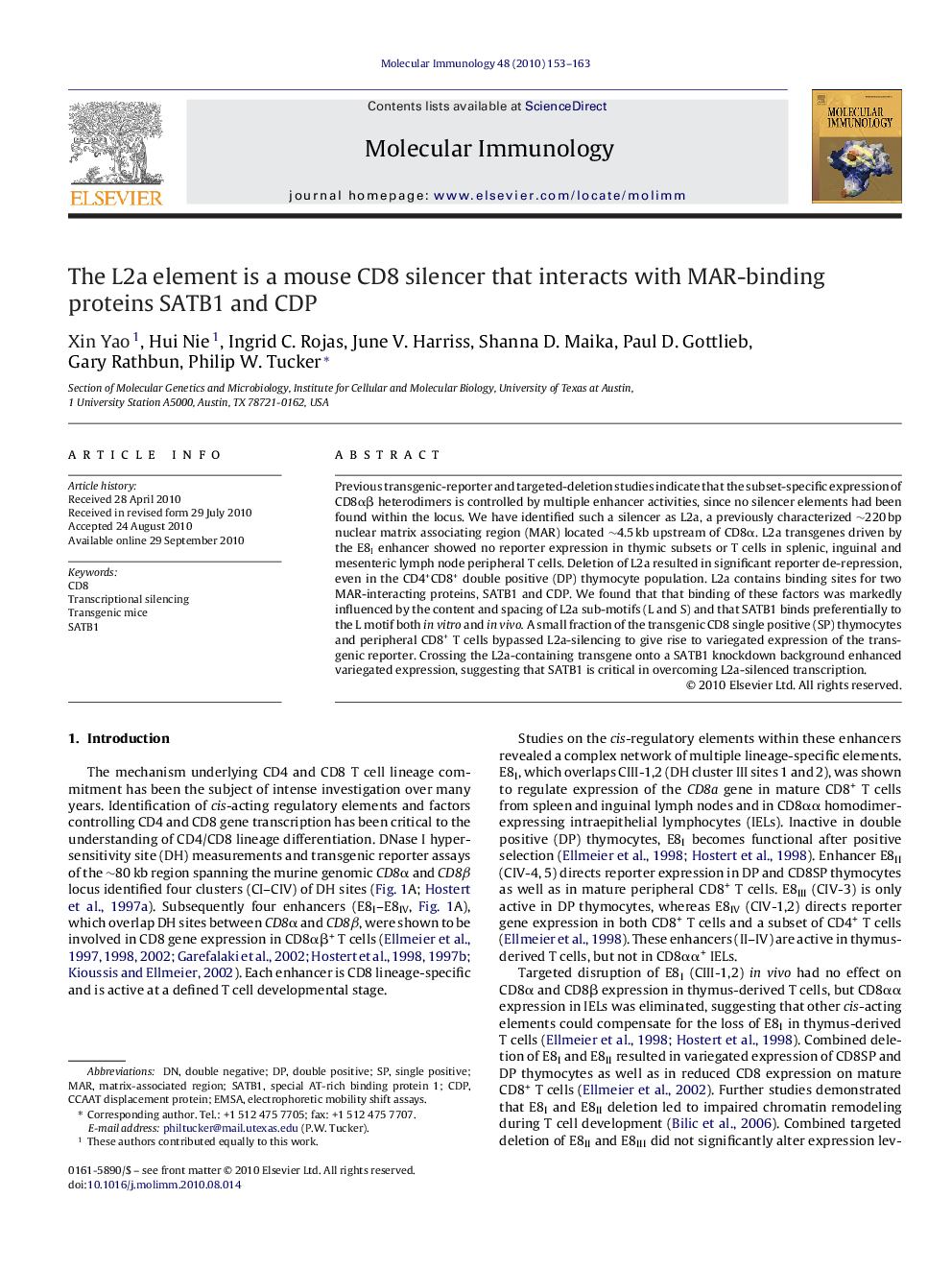 The L2a element is a mouse CD8 silencer that interacts with MAR-binding proteins SATB1 and CDP