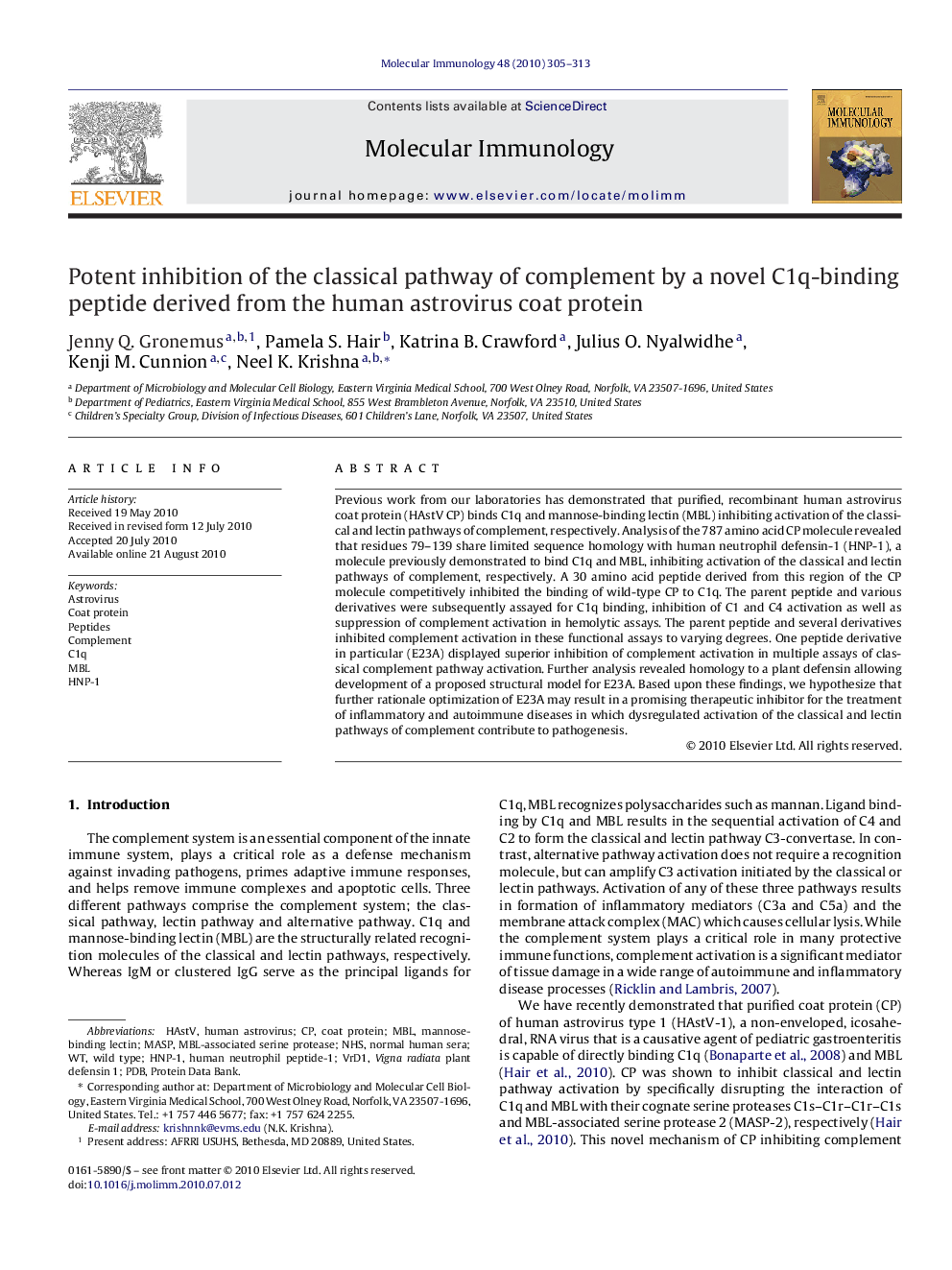 Potent inhibition of the classical pathway of complement by a novel C1q-binding peptide derived from the human astrovirus coat protein