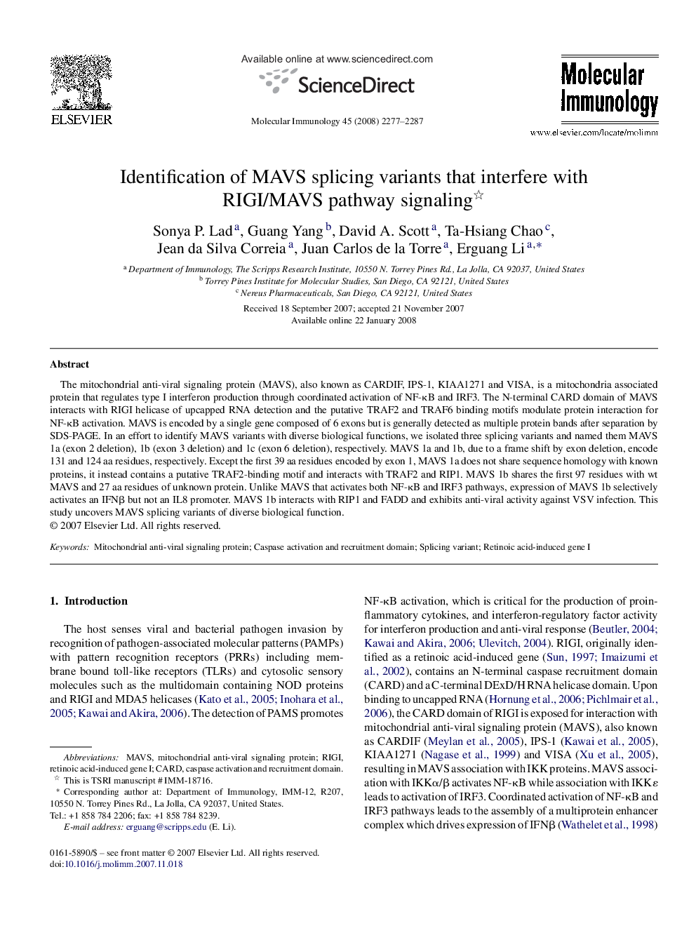 Identification of MAVS splicing variants that interfere with RIGI/MAVS pathway signaling 