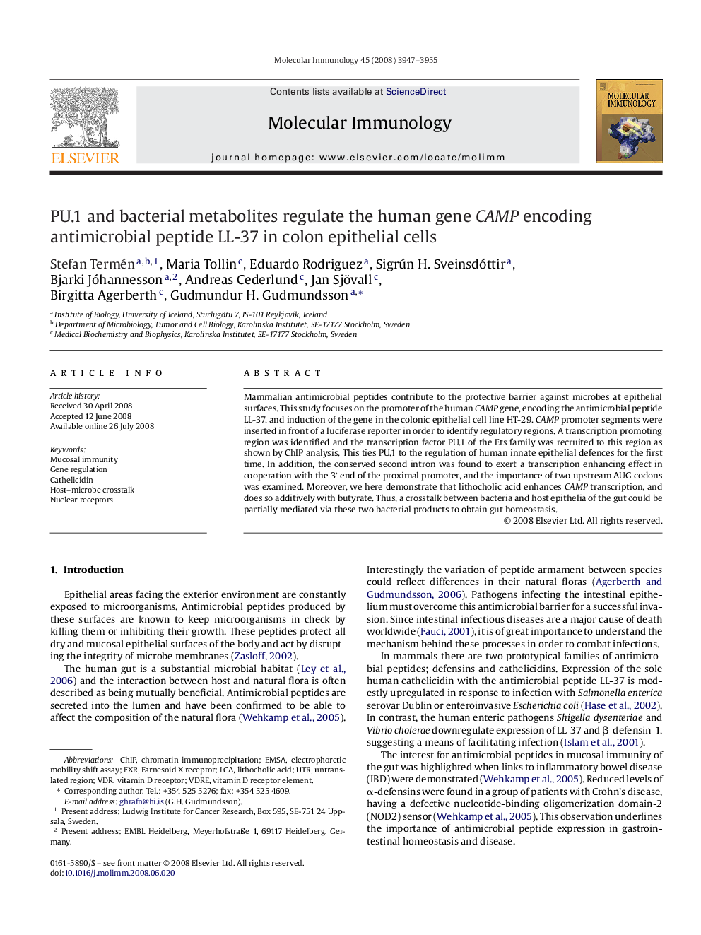 PU.1 and bacterial metabolites regulate the human gene CAMP encoding antimicrobial peptide LL-37 in colon epithelial cells