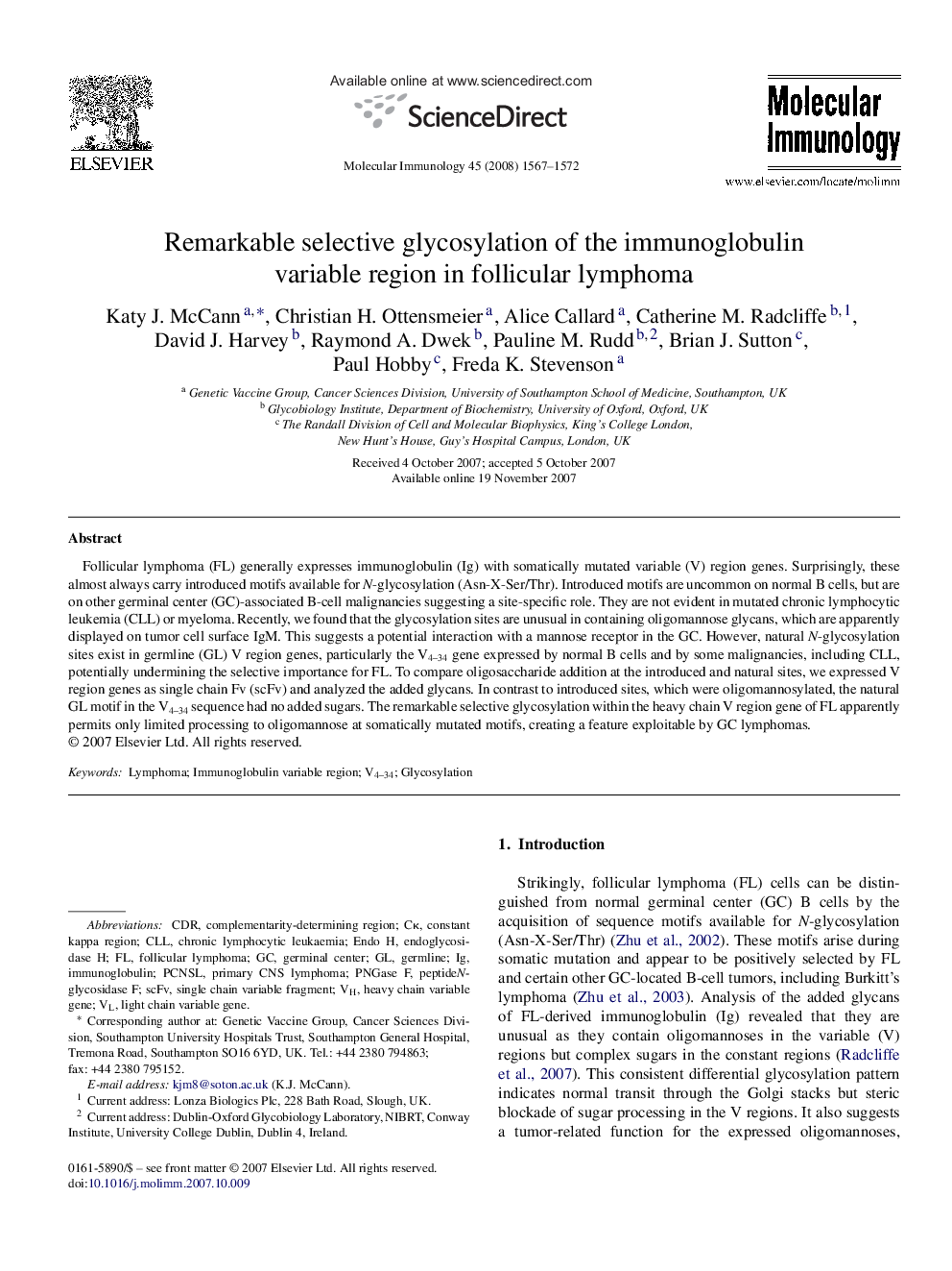 Remarkable selective glycosylation of the immunoglobulin variable region in follicular lymphoma