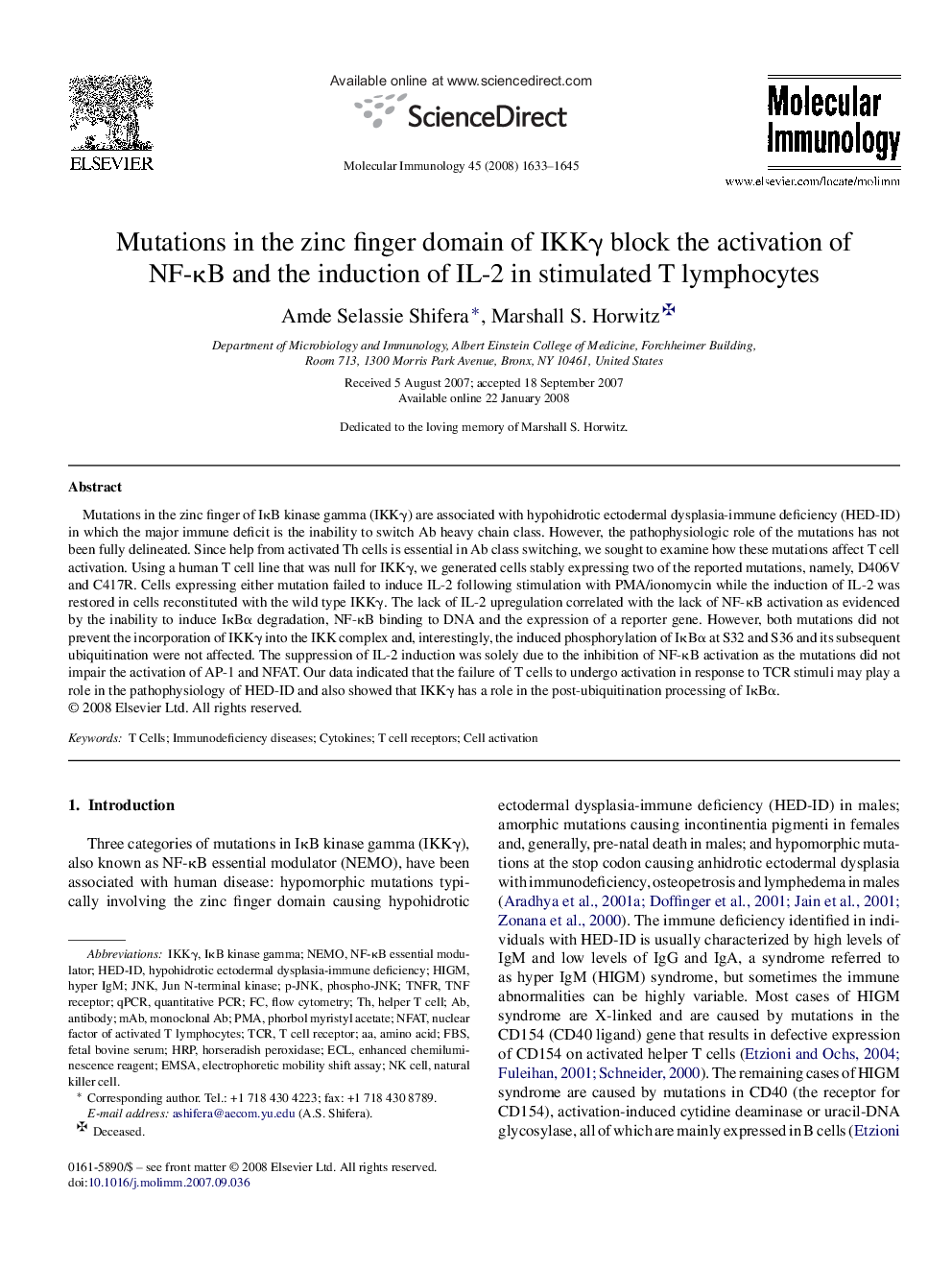 Mutations in the zinc finger domain of IKKγ block the activation of NF-κB and the induction of IL-2 in stimulated T lymphocytes