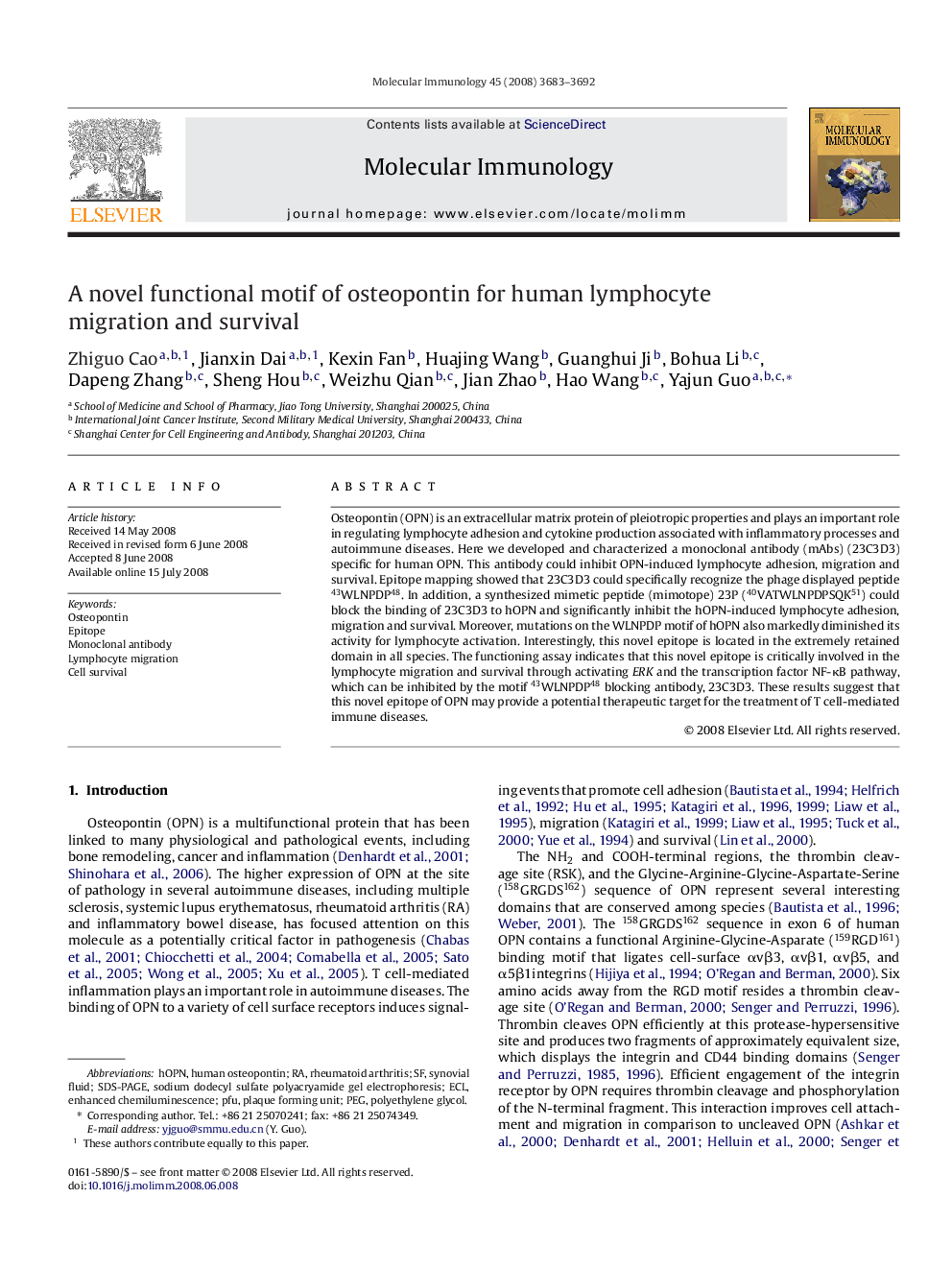 A novel functional motif of osteopontin for human lymphocyte migration and survival