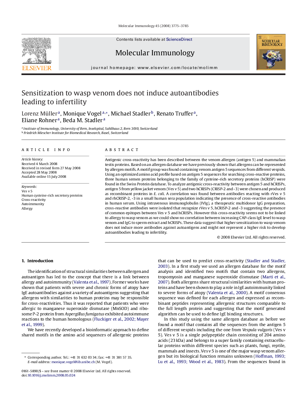 Sensitization to wasp venom does not induce autoantibodies leading to infertility