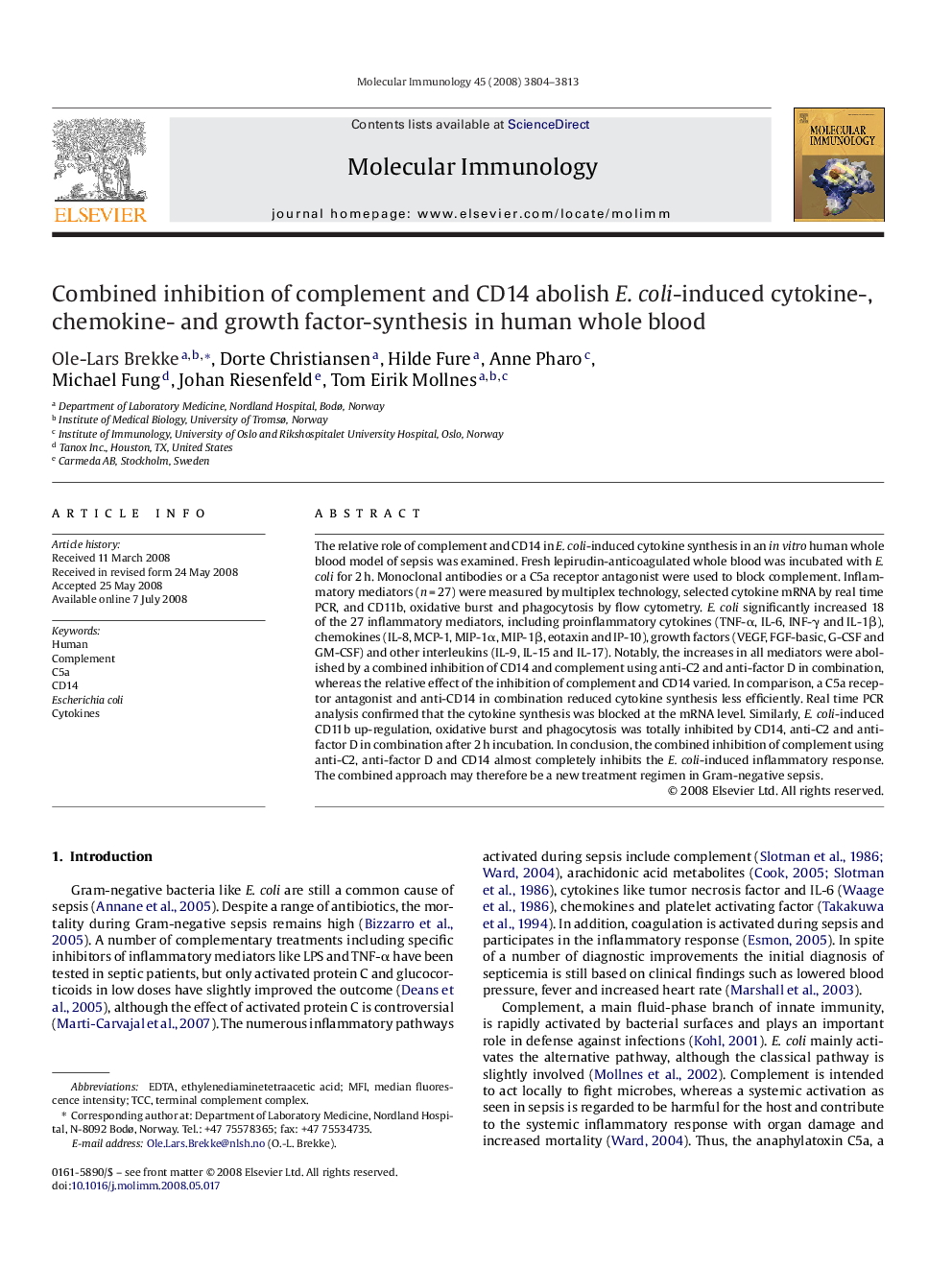 Combined inhibition of complement and CD14 abolish E. coli-induced cytokine-, chemokine- and growth factor-synthesis in human whole blood