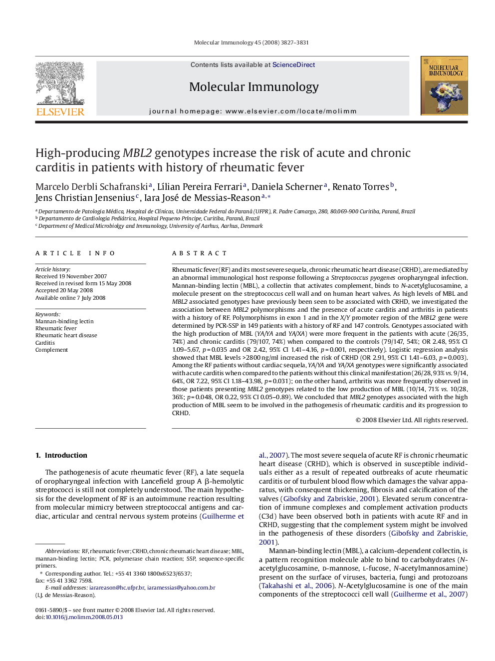 High-producing MBL2 genotypes increase the risk of acute and chronic carditis in patients with history of rheumatic fever