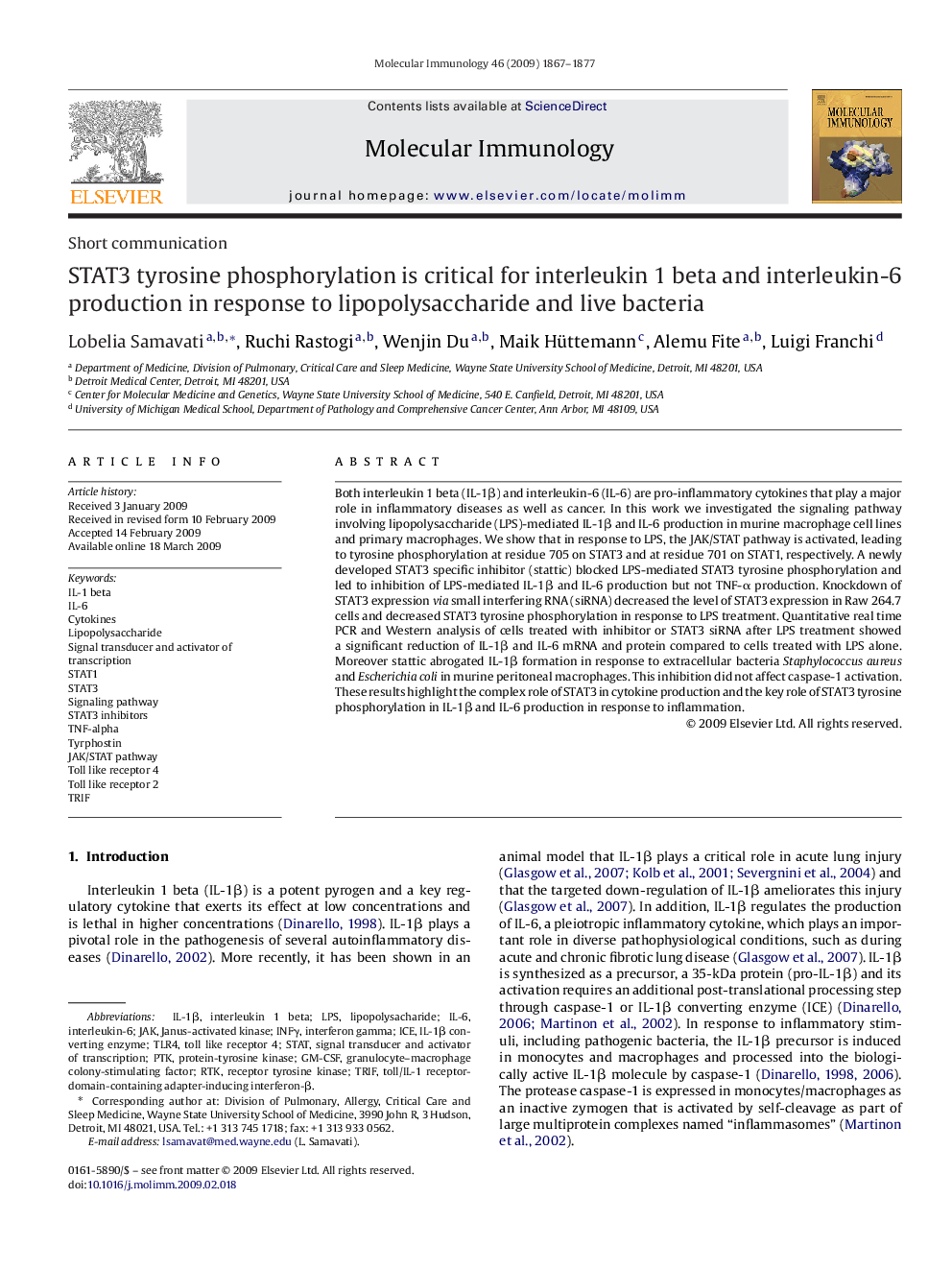 STAT3 tyrosine phosphorylation is critical for interleukin 1 beta and interleukin-6 production in response to lipopolysaccharide and live bacteria