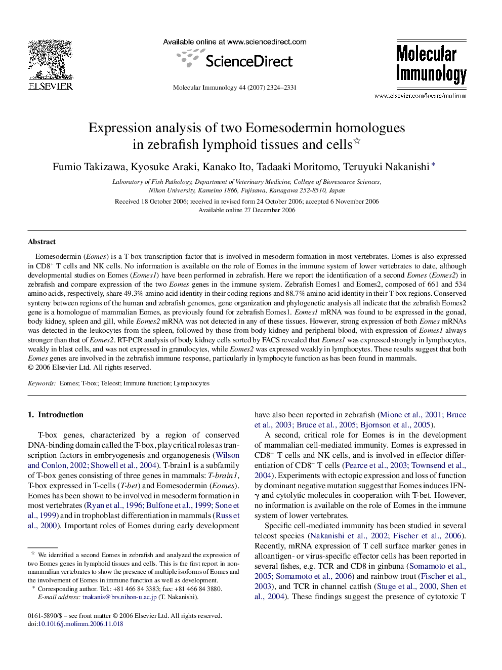 Expression analysis of two Eomesodermin homologues in zebrafish lymphoid tissues and cells 