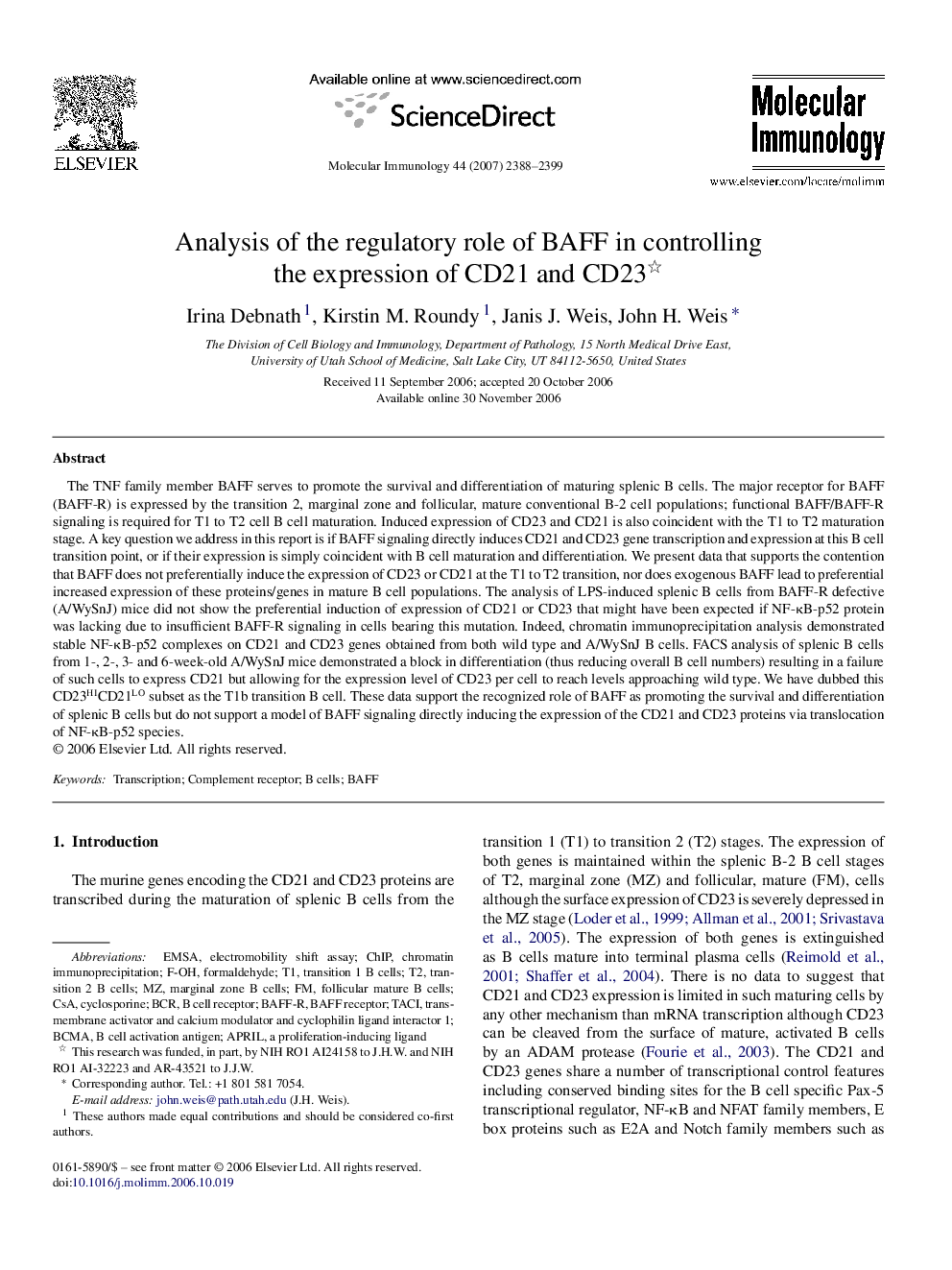 Analysis of the regulatory role of BAFF in controlling the expression of CD21 and CD23 