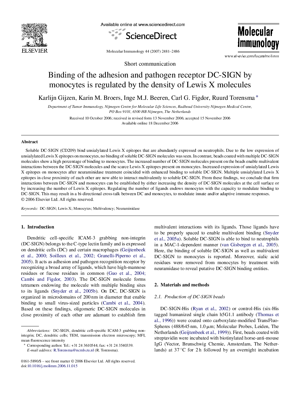 Binding of the adhesion and pathogen receptor DC-SIGN by monocytes is regulated by the density of Lewis X molecules