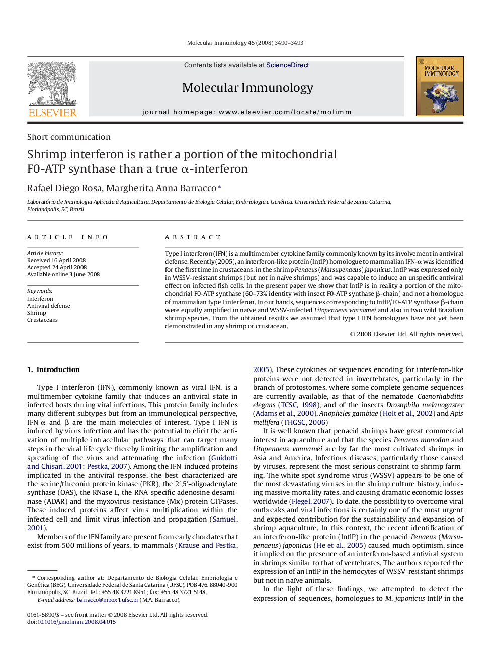 Shrimp interferon is rather a portion of the mitochondrial F0-ATP synthase than a true α-interferon