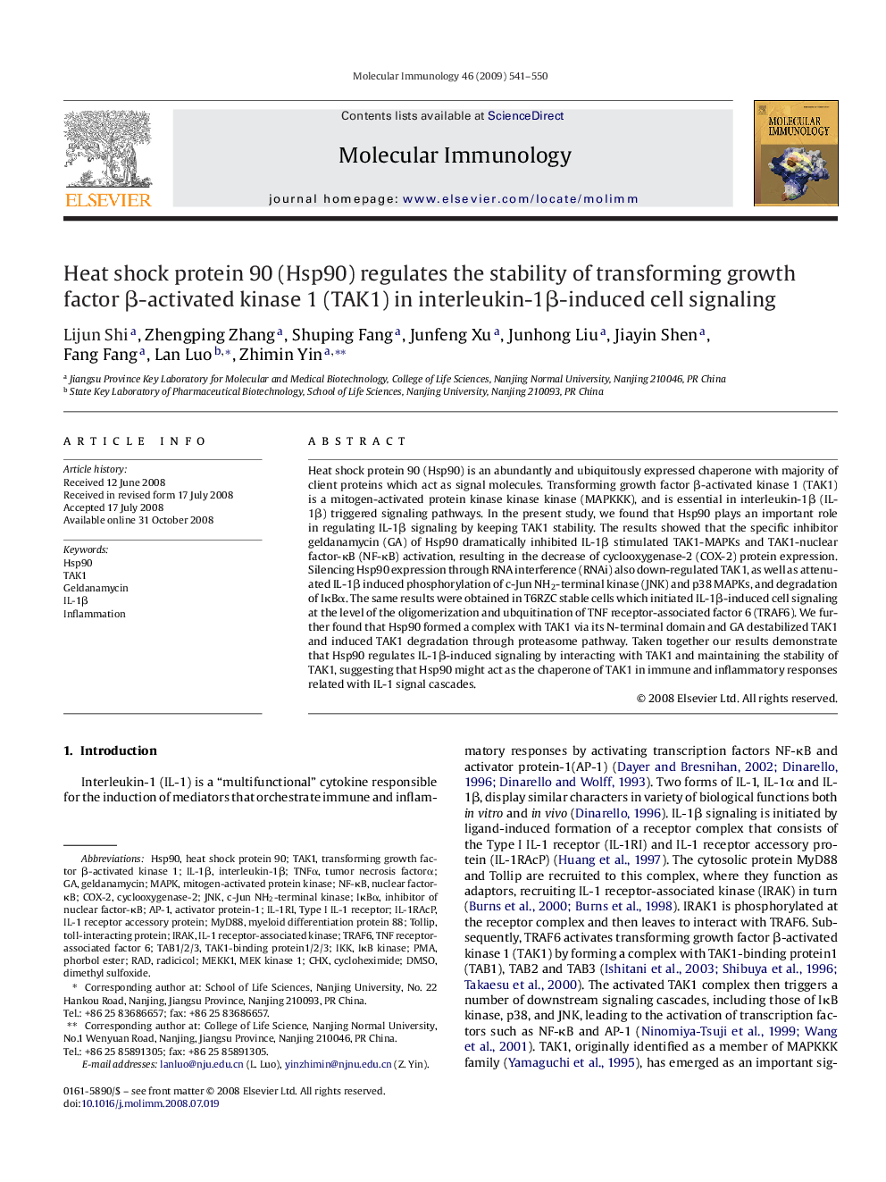 Heat shock protein 90 (Hsp90) regulates the stability of transforming growth factor β-activated kinase 1 (TAK1) in interleukin-1β-induced cell signaling