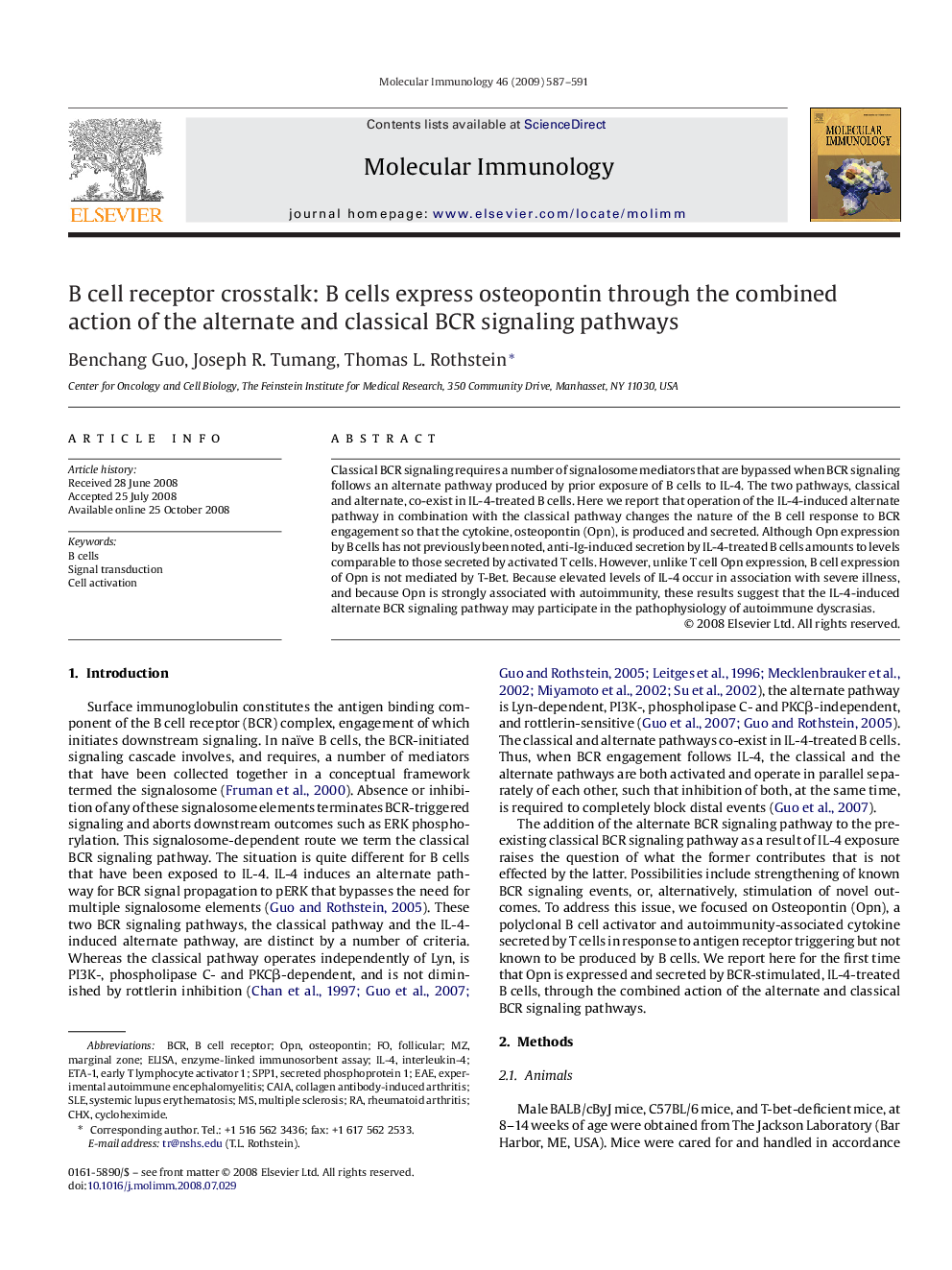 B cell receptor crosstalk: B cells express osteopontin through the combined action of the alternate and classical BCR signaling pathways