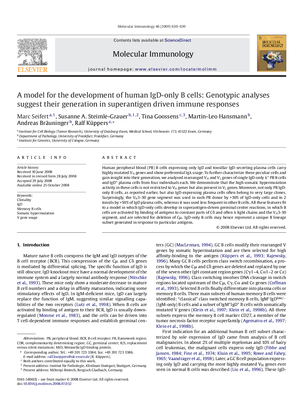 A model for the development of human IgD-only B cells: Genotypic analyses suggest their generation in superantigen driven immune responses