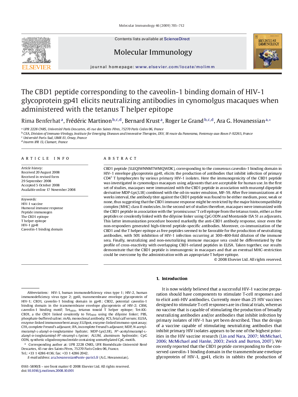 عکس صفحه اول مقاله: The CBD1 peptide corresponding to the caveolin-1 binding domain of HIV-1 glycoprotein gp41 elicits neutralizing antibodies in cynomolgus macaques when administered with the tetanus T helper epitope The CBD1 peptide corresponding to the caveolin-1 binding domain of HIV-1 glycoprotein gp41 elicits neutralizing antibodies in cynomolgus macaques when administered with the tetanus T helper epitope