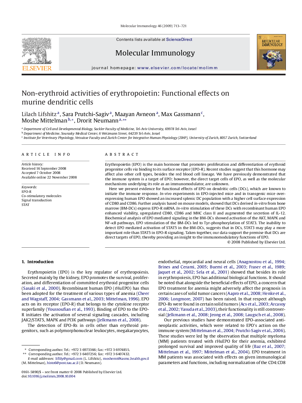 Non-erythroid activities of erythropoietin: Functional effects on murine dendritic cells