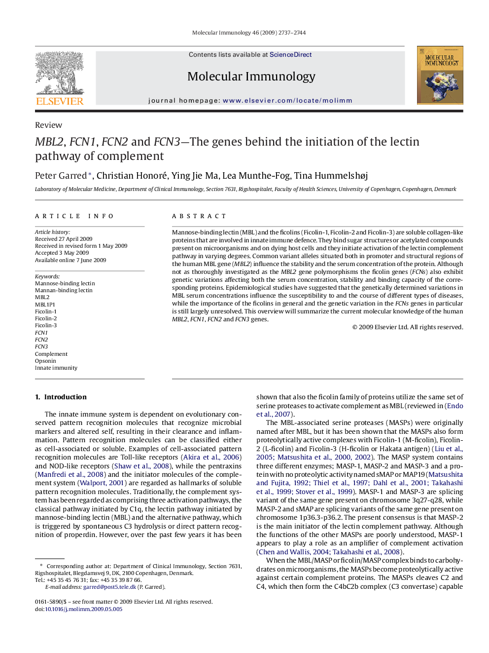 MBL2, FCN1, FCN2 and FCN3—The genes behind the initiation of the lectin pathway of complement