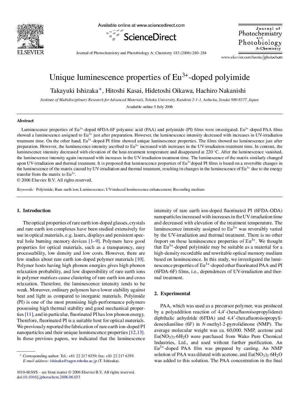 Unique luminescence properties of Eu3+-doped polyimide