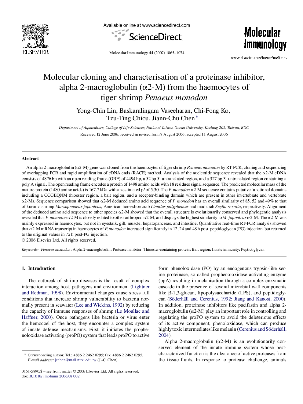 Molecular cloning and characterisation of a proteinase inhibitor, alpha 2-macroglobulin (α2-M) from the haemocytes of tiger shrimp Penaeus monodon