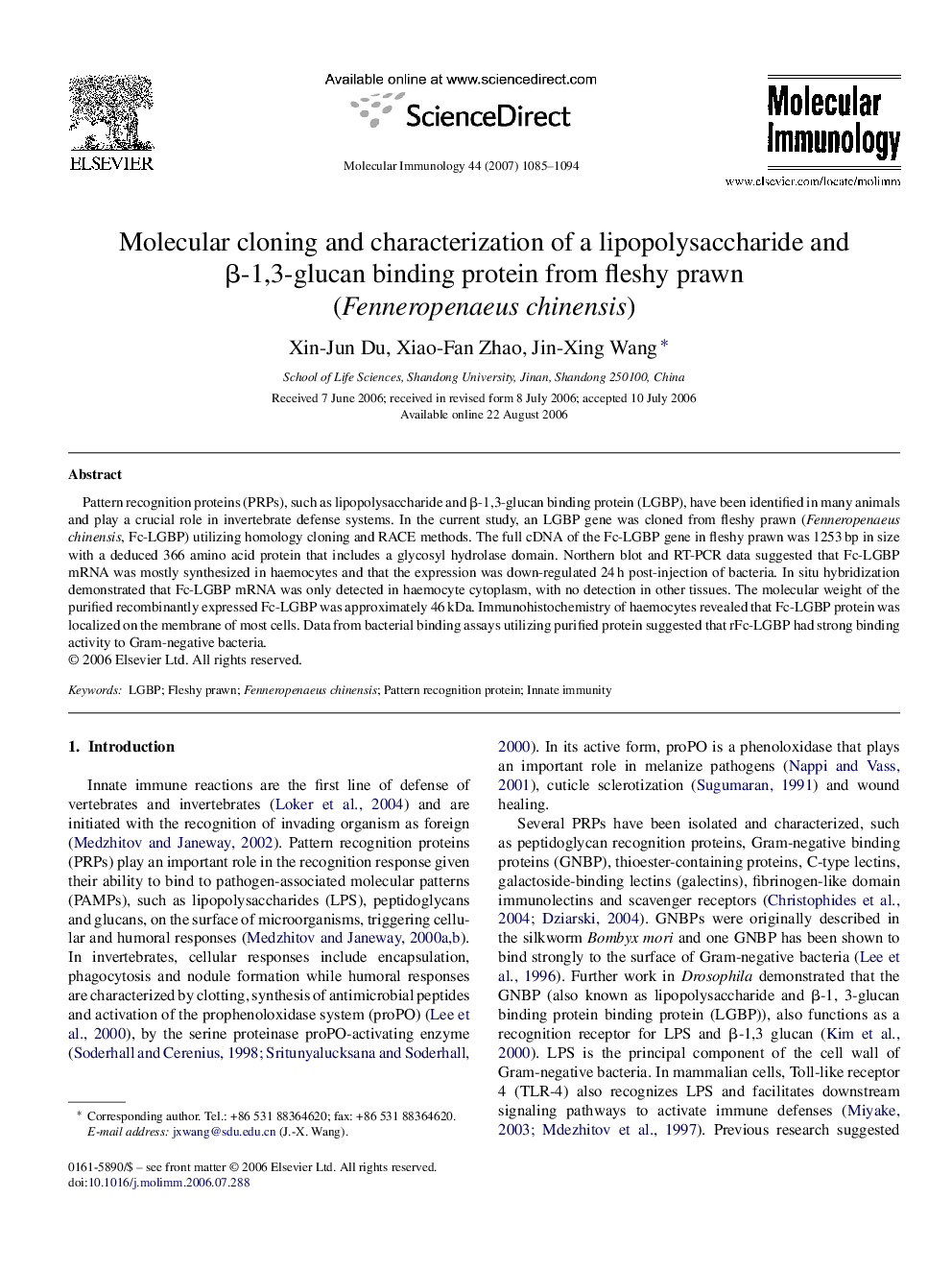 Molecular cloning and characterization of a lipopolysaccharide and β-1,3-glucan binding protein from fleshy prawn (Fenneropenaeus chinensis)