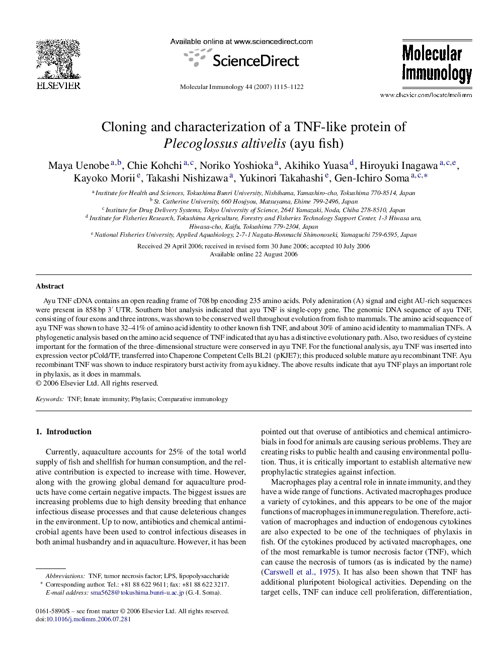 Cloning and characterization of a TNF-like protein of Plecoglossus altivelis (ayu fish)