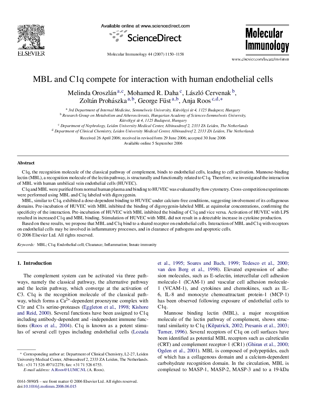 MBL and C1q compete for interaction with human endothelial cells