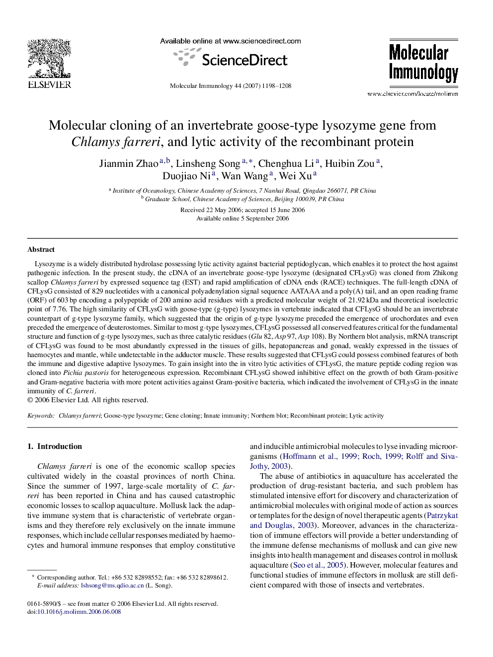 Molecular cloning of an invertebrate goose-type lysozyme gene from Chlamys farreri, and lytic activity of the recombinant protein