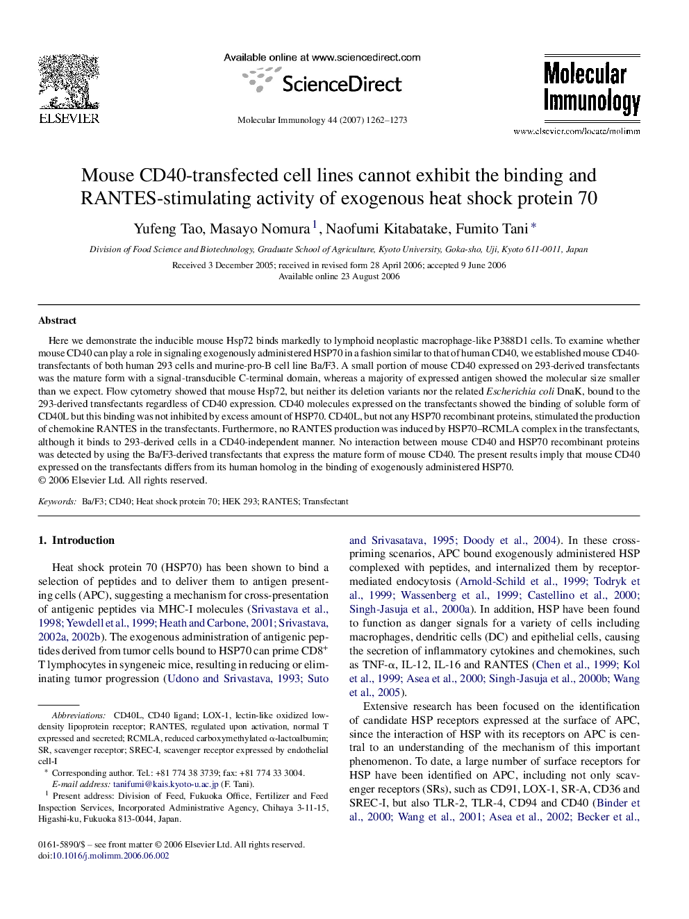 Mouse CD40-transfected cell lines cannot exhibit the binding and RANTES-stimulating activity of exogenous heat shock protein 70