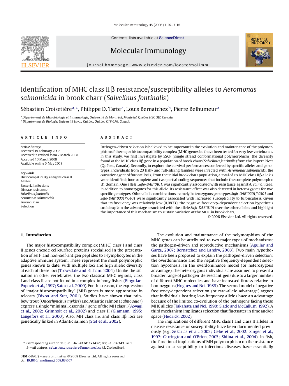 Identification of MHC class IIβ resistance/susceptibility alleles to Aeromonas salmonicida in brook charr (Salvelinus fontinalis)