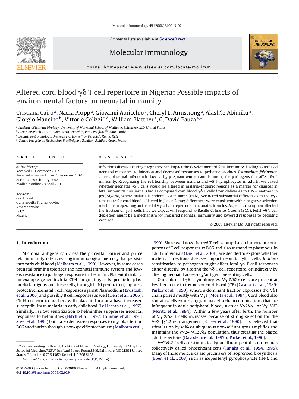 Altered cord blood γδ T cell repertoire in Nigeria: Possible impacts of environmental factors on neonatal immunity