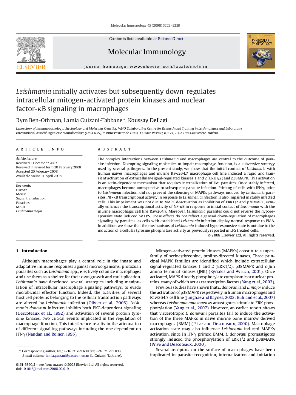 Leishmania initially activates but subsequently down-regulates intracellular mitogen-activated protein kinases and nuclear factor-κB signaling in macrophages