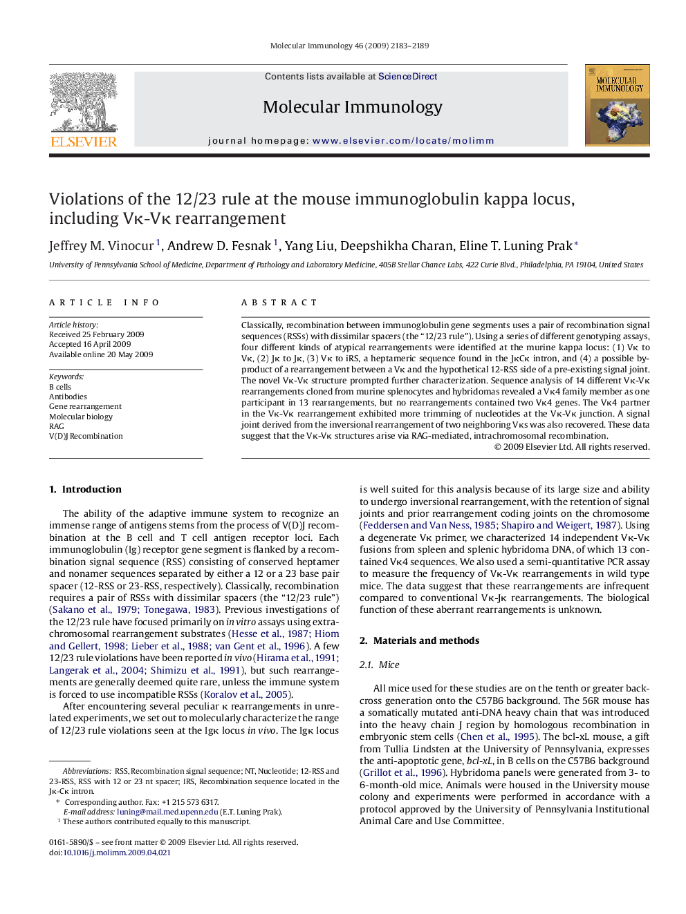 Violations of the 12/23 rule at the mouse immunoglobulin kappa locus, including Vκ-Vκ rearrangement