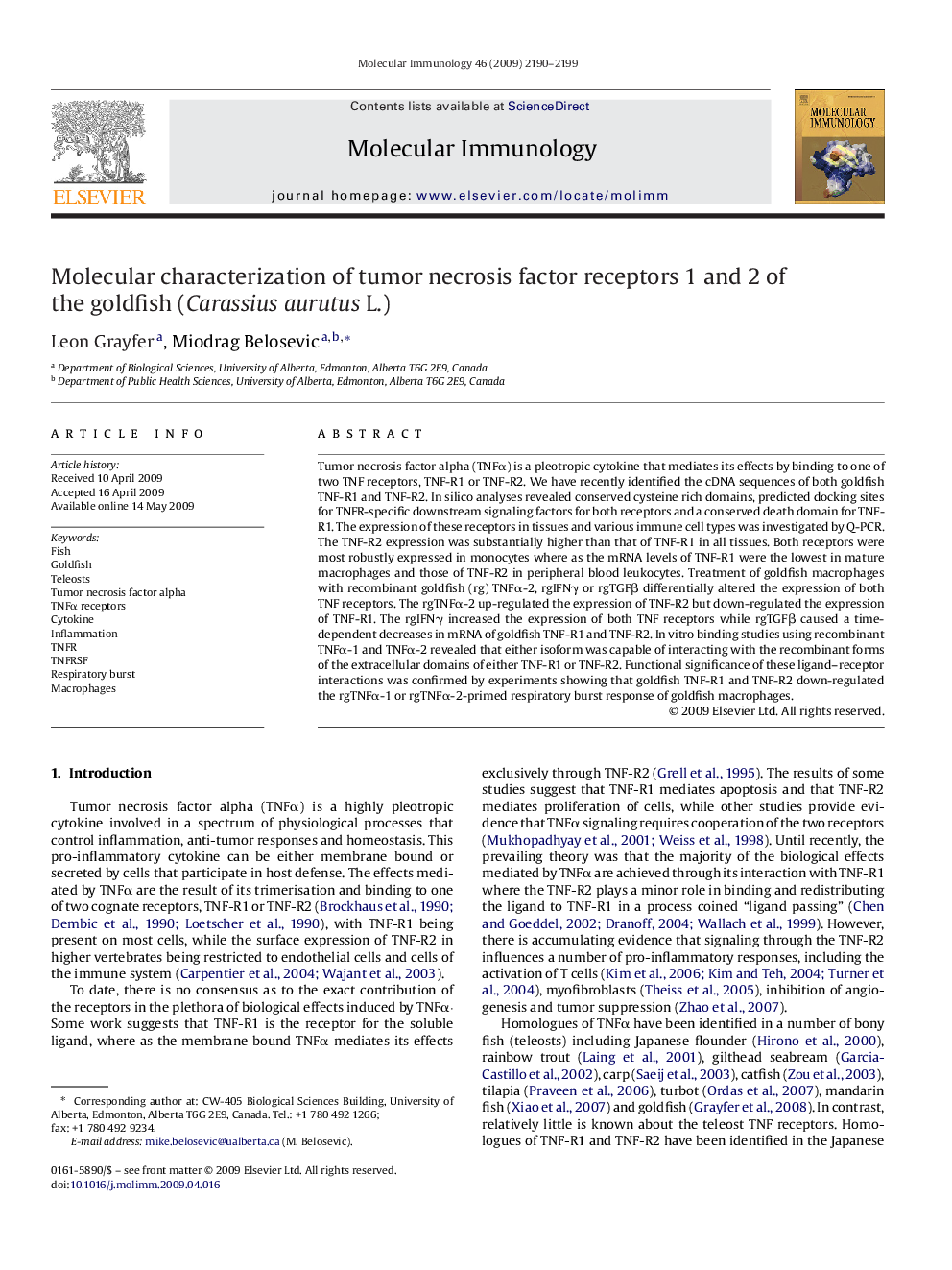 Molecular characterization of tumor necrosis factor receptors 1 and 2 of the goldfish (Carassius aurutus L.)