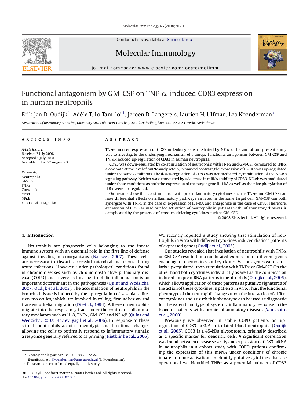 Functional antagonism by GM-CSF on TNF-Î±-induced CD83 expression in human neutrophils