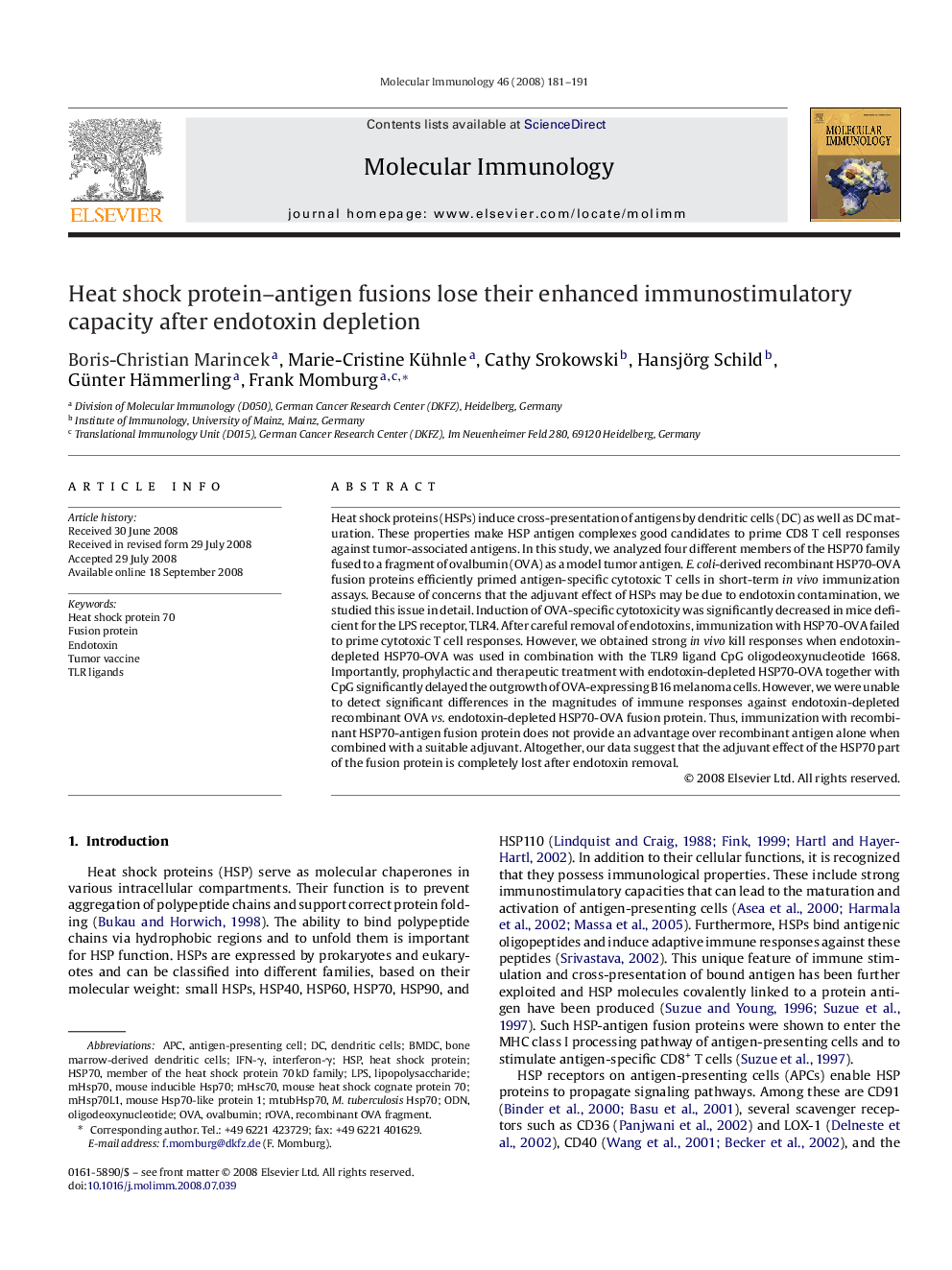 Heat shock protein–antigen fusions lose their enhanced immunostimulatory capacity after endotoxin depletion