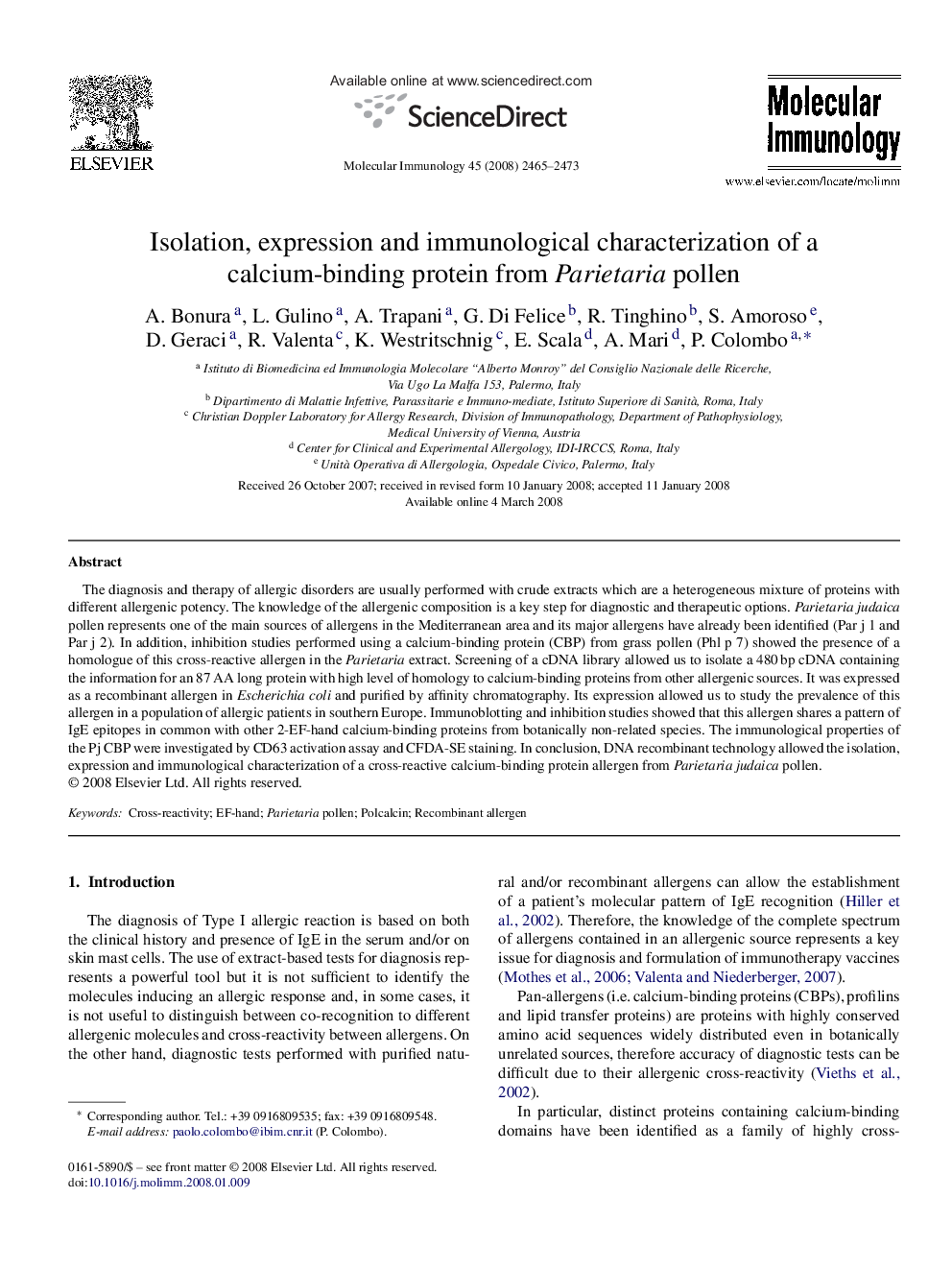 Isolation, expression and immunological characterization of a calcium-binding protein from Parietaria pollen