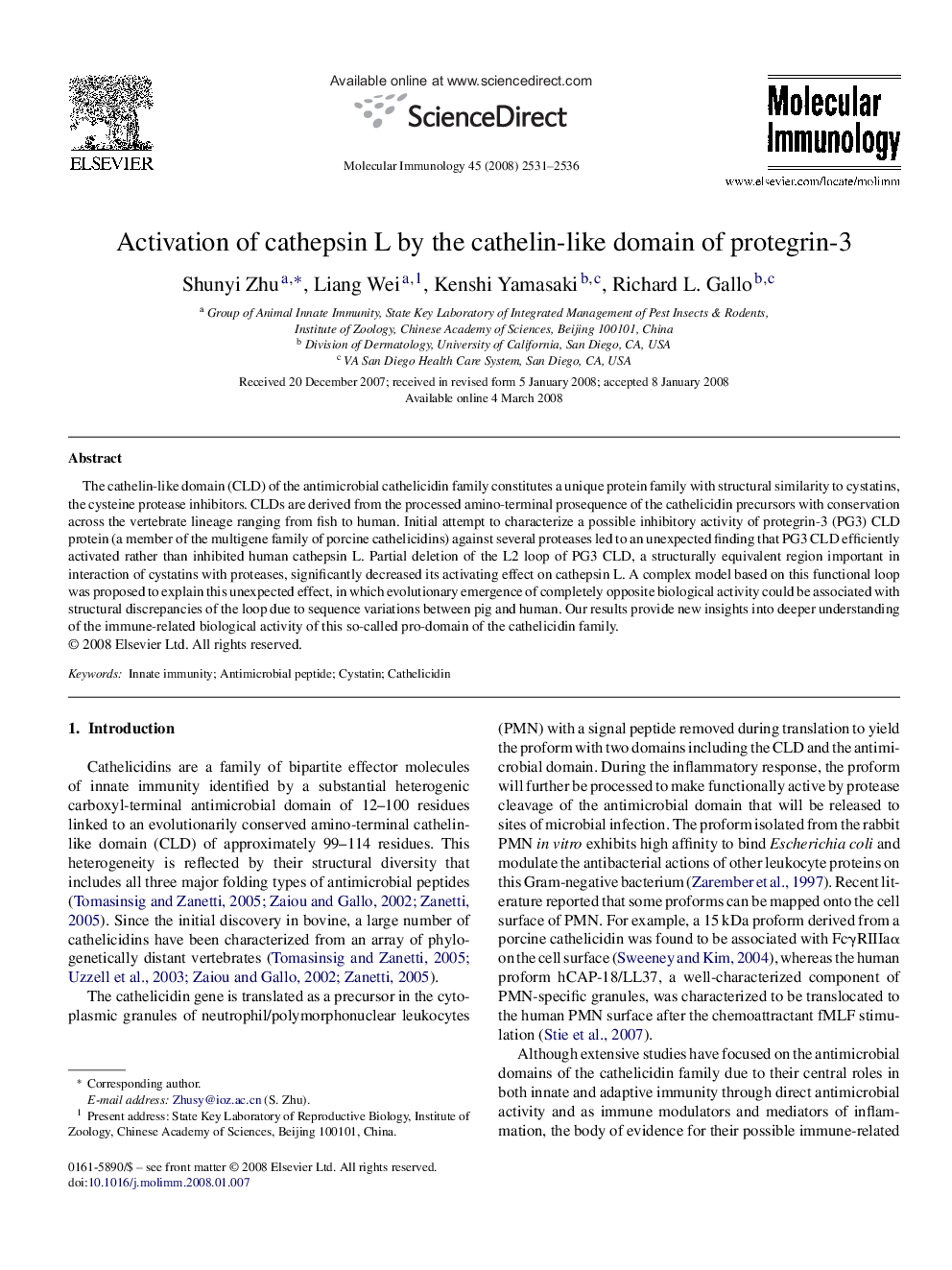 Activation of cathepsin L by the cathelin-like domain of protegrin-3