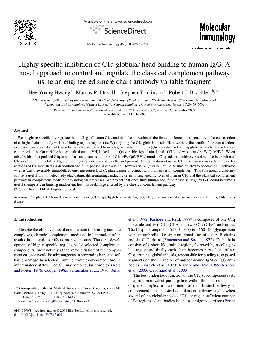 Highly specific inhibition of C1q globular-head binding to human IgG: A novel approach to control and regulate the classical complement pathway using an engineered single chain antibody variable fragment