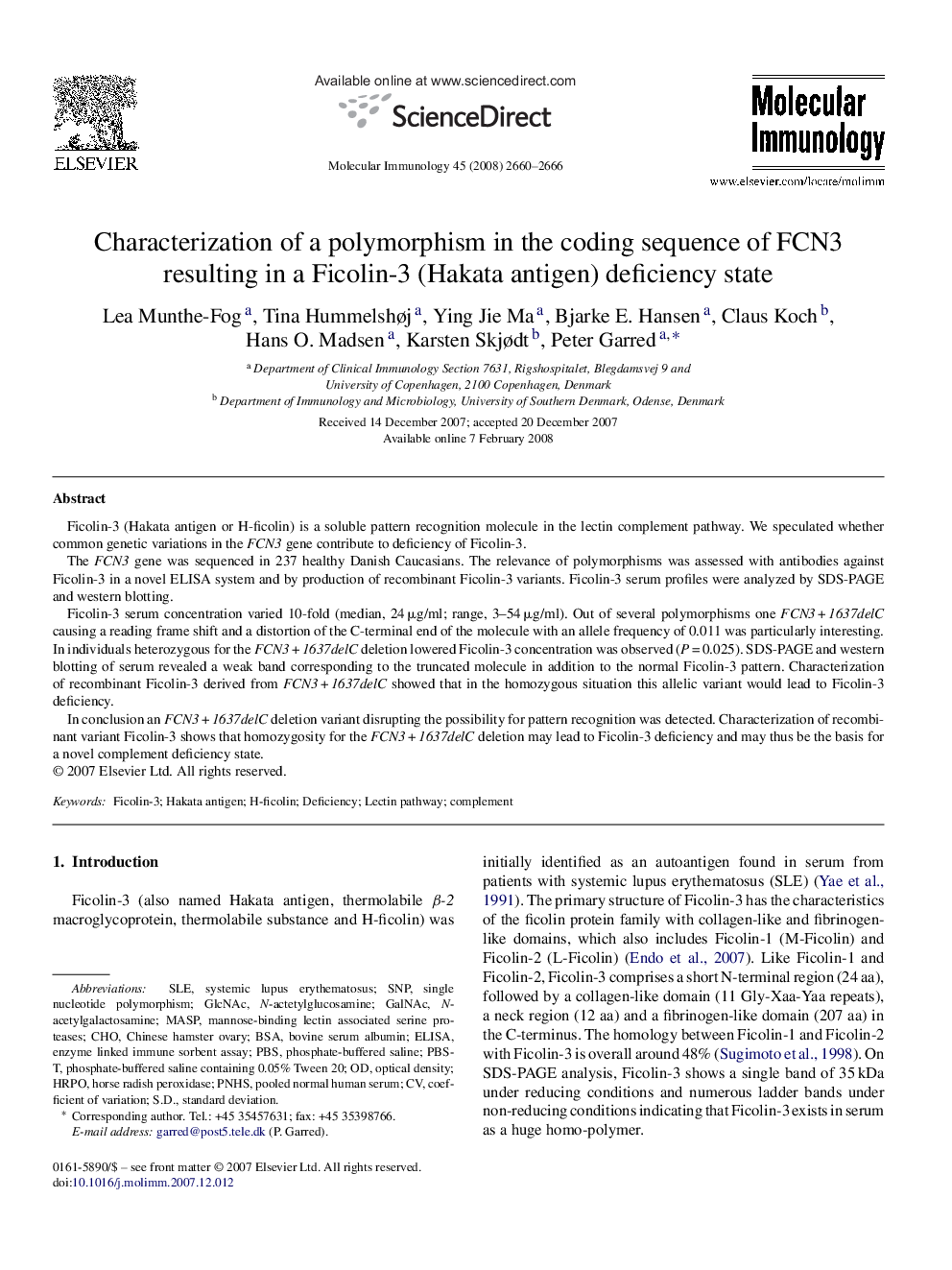 Characterization of a polymorphism in the coding sequence of FCN3 resulting in a Ficolin-3 (Hakata antigen) deficiency state