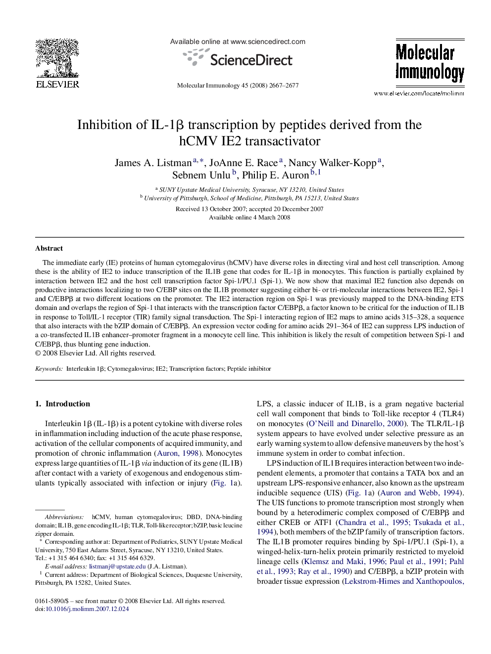 Inhibition of IL-1Î² transcription by peptides derived from the hCMV IE2 transactivator