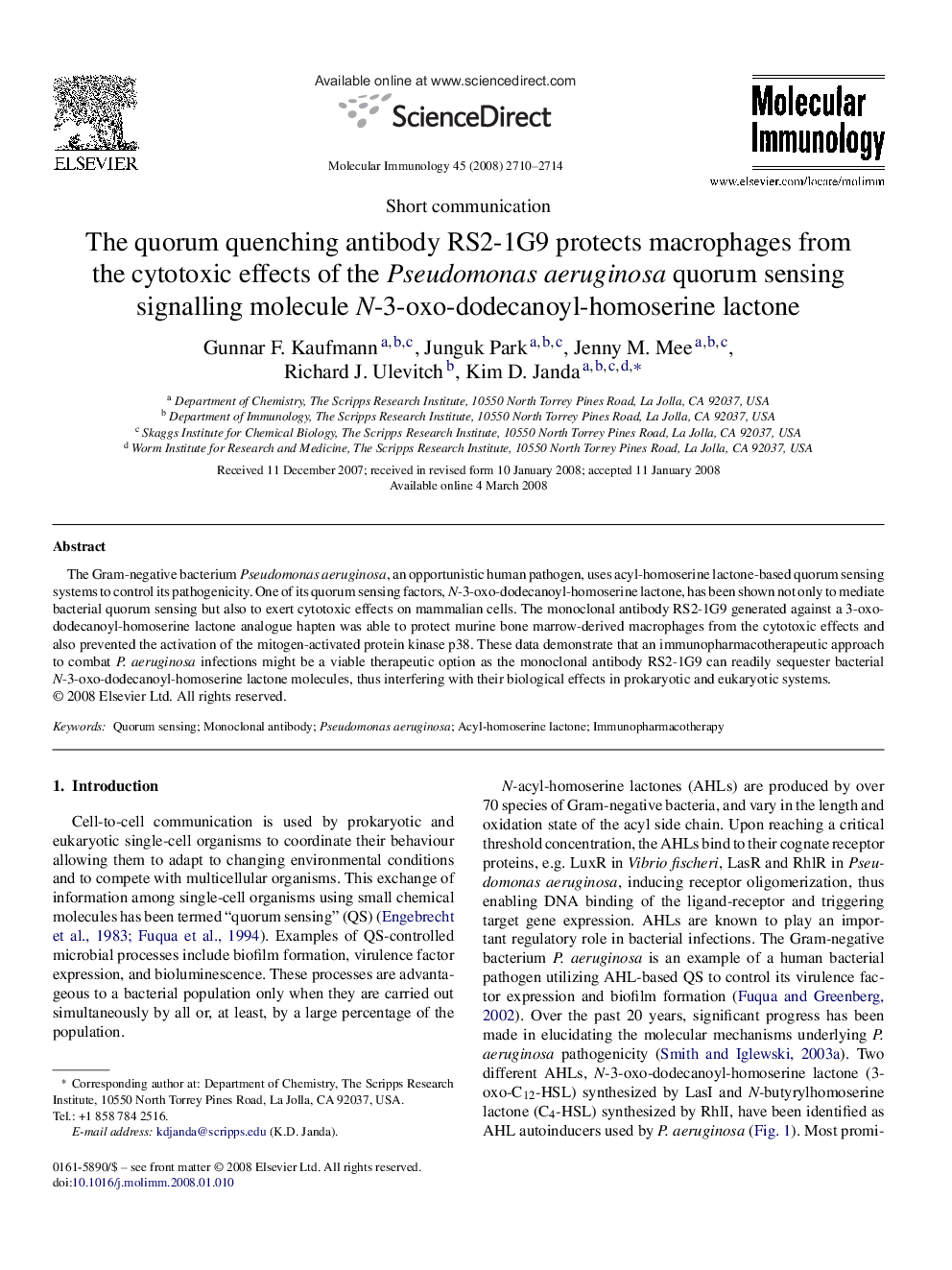 The quorum quenching antibody RS2-1G9 protects macrophages from the cytotoxic effects of the Pseudomonas aeruginosa quorum sensing signalling molecule N-3-oxo-dodecanoyl-homoserine lactone
