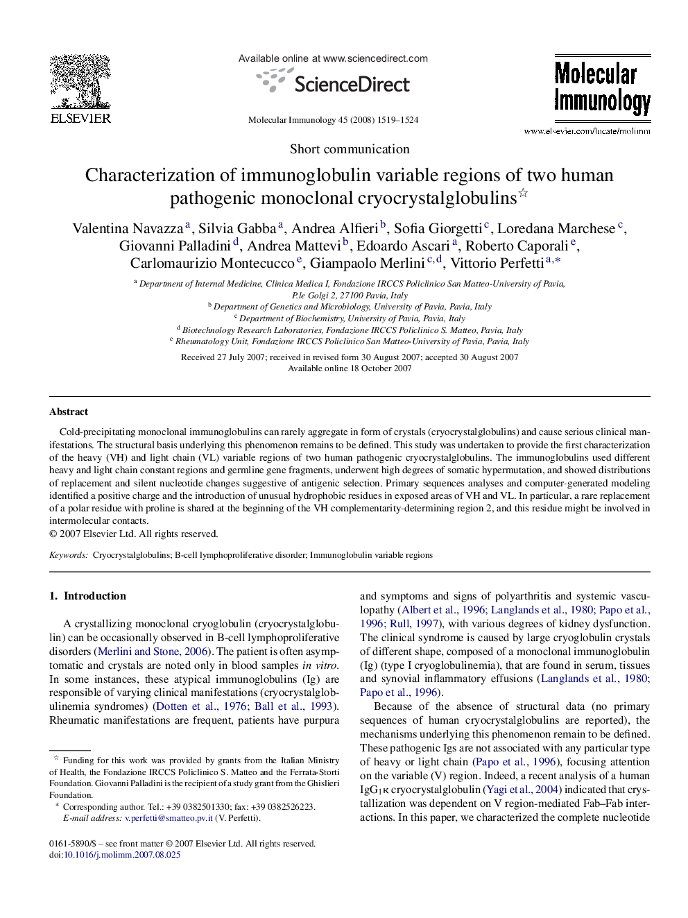 Characterization of immunoglobulin variable regions of two human pathogenic monoclonal cryocrystalglobulins